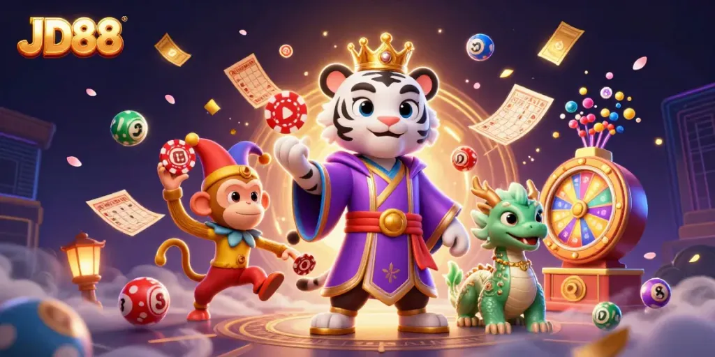 Experience exciting gaming at JD88 with a lively scene featuring a 3D tiger, monkey, and dragon.