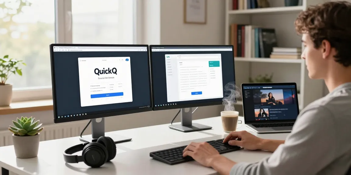 在使用QuickQ电脑版的现代家庭办公室工作场景中，用户舒适地坐在光滑的桌子旁，享受流畅的VPN体验，办公环境明亮而专注。
