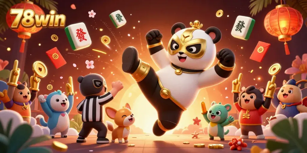 Experience the thrill of 78win with a panda wrestler and exciting casino elements in a captivating scene.