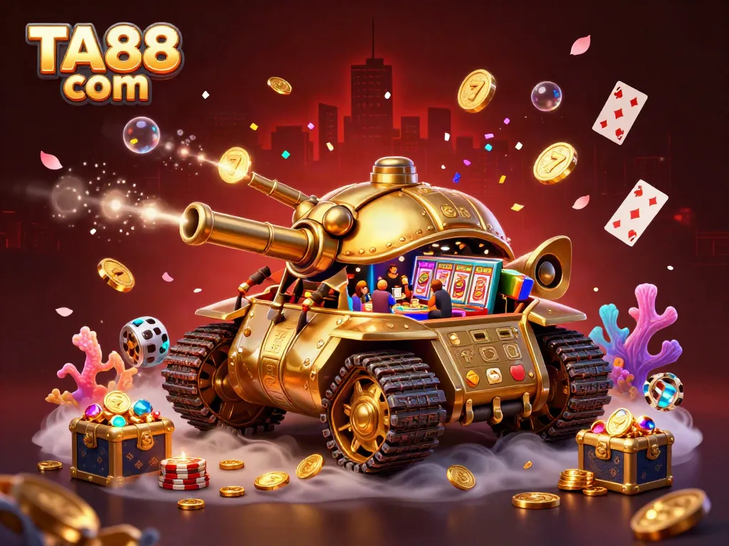 Experience the excitement of TA88 com's casino in an immersive 3D rendering of a golden beetle tank revealing games.