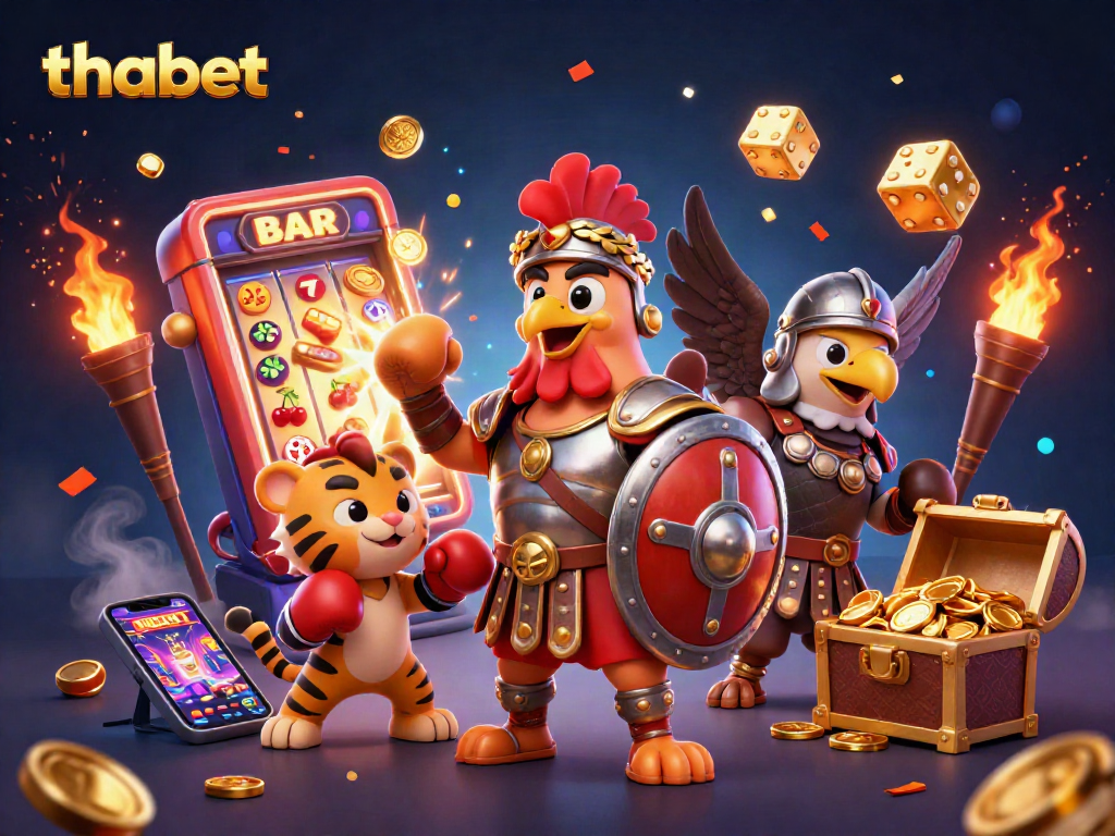 Join the thrilling action at thabet with a colorful 3D casino illustration featuring vibrant gaming elements.