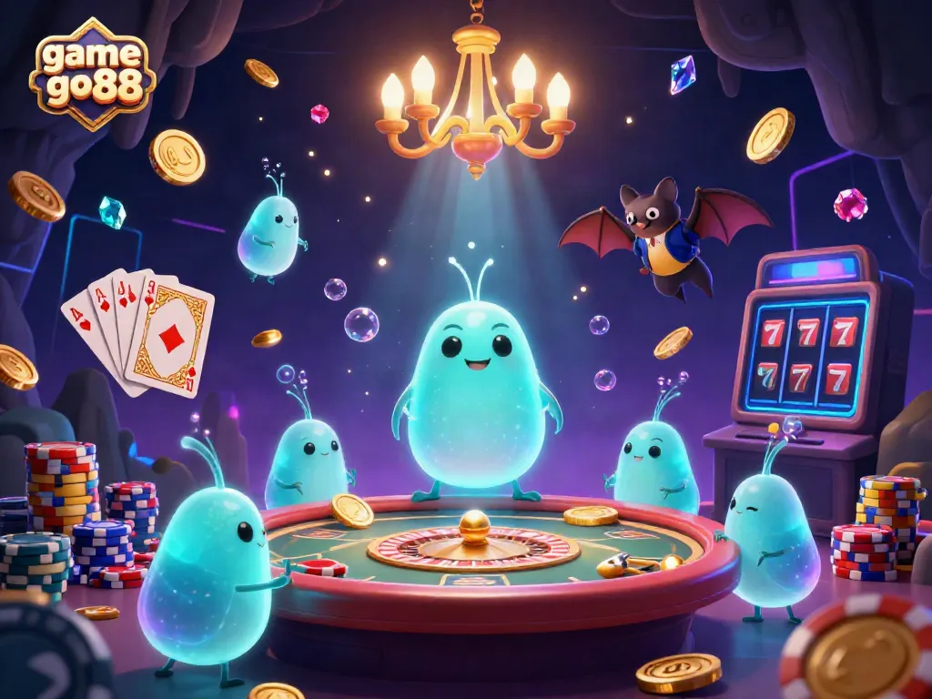 Experience the excitement of game go88 in a vibrant cave casino illuminated by glowworms and a bat dealer.