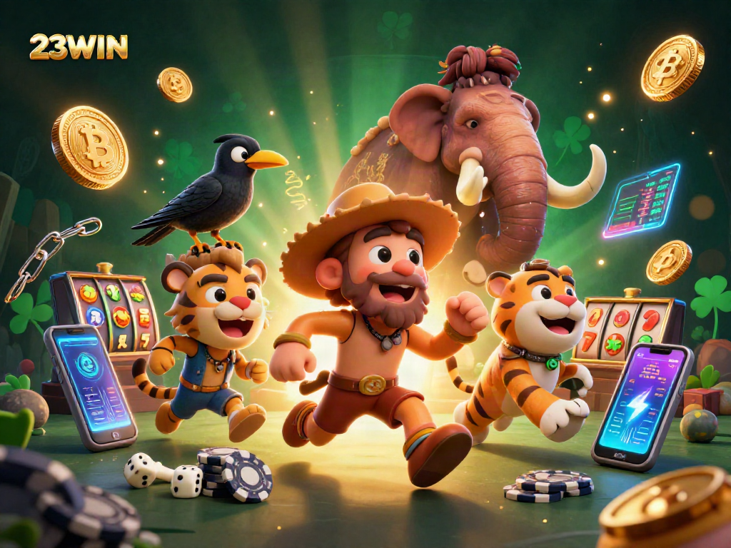 Experience thrilling gameplay at 23WIN with vibrant slot machines and engaging casino characters.