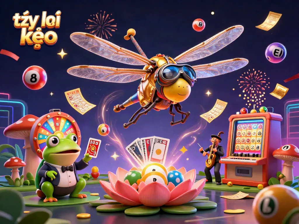 Engage in exhilarating tỷ lệ kèo activities with a dynamic dragonfly pilot, frog dealer, and cricket musicians amid a vibrant casino scene.