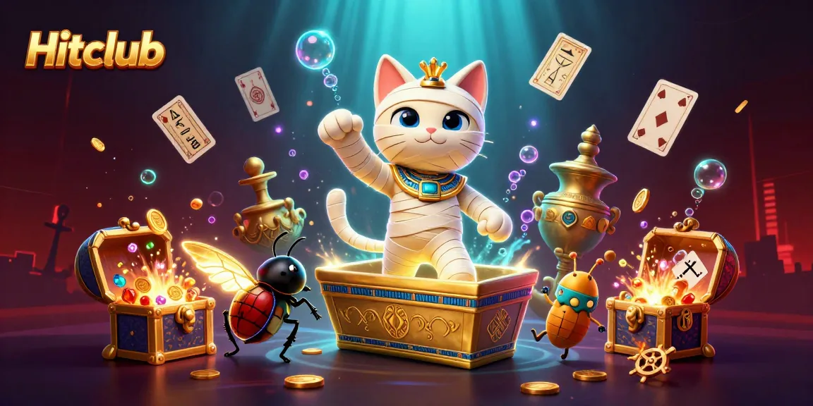 Engage with Hitclub's thrilling online gaming experience featuring dynamic 3D Egyptian mummy cat and vibrant casino elements.