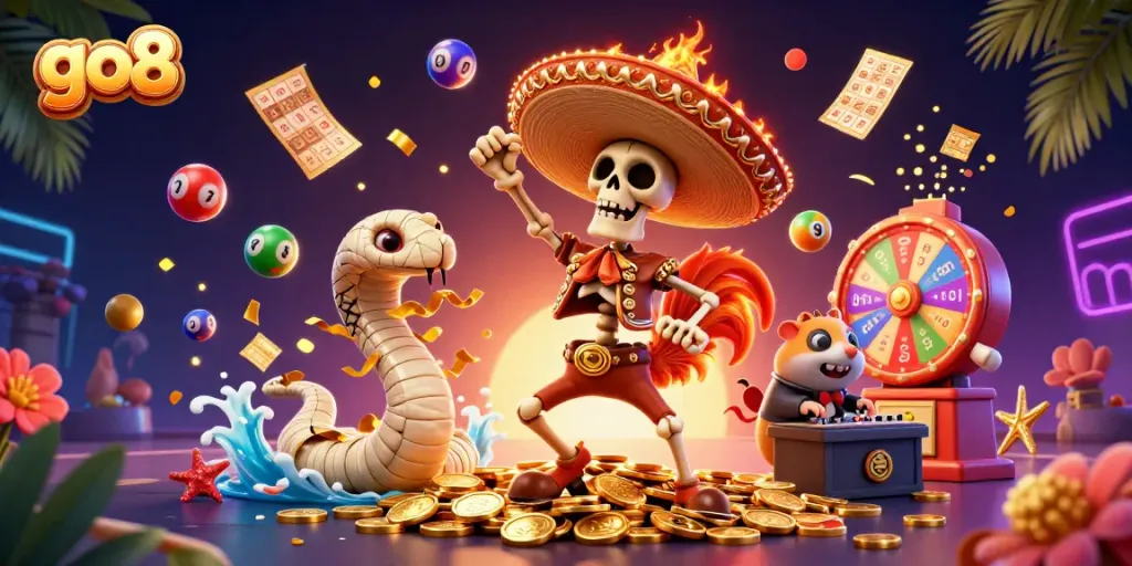 Spin and win with go8 featuring a vibrant casino illustration of lucky characters and games.