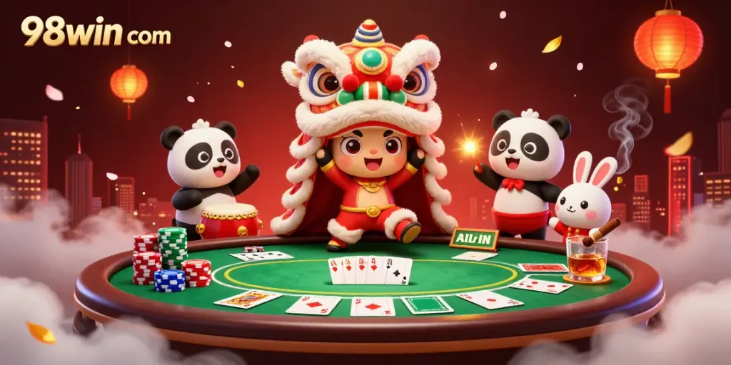 Engage with 98win com in a vibrant casino scene featuring a lion dance, drumming panda, and poker elements.
