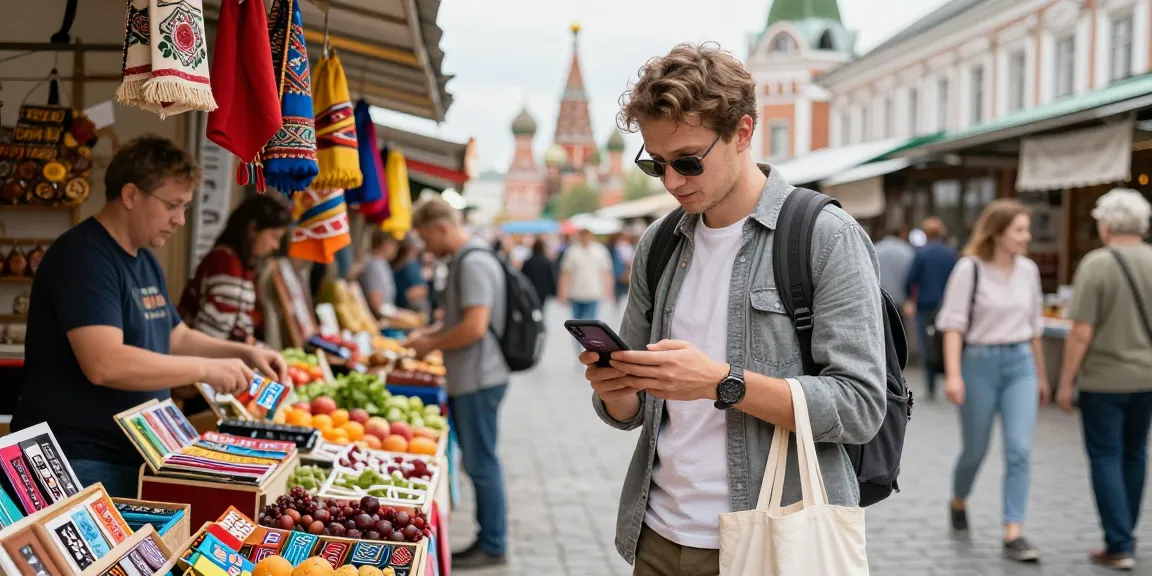 Met behulp van https://payinrussia.com/ doet de reiziger aankopen in een levendige Russische markt met een smartphone-app.