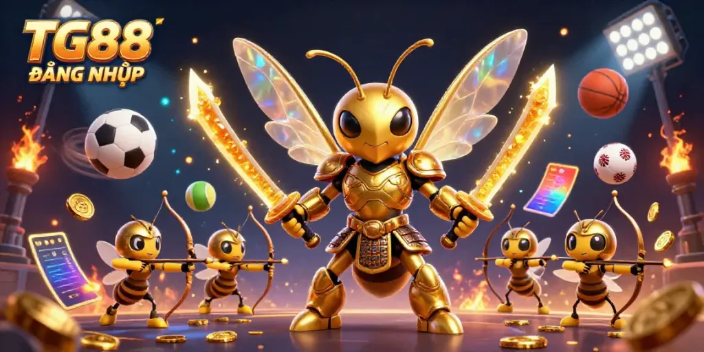 Experience the thrill of betting with TG88 ĐĂNG NHẬP, as a golden hornet warrior leads in a vibrant casino scene.