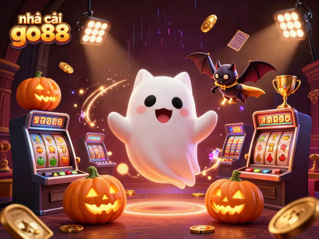 Experience the thrill with nhà cái go88 featuring a friendly ghost cat and vampire bat in a haunted casino scene.