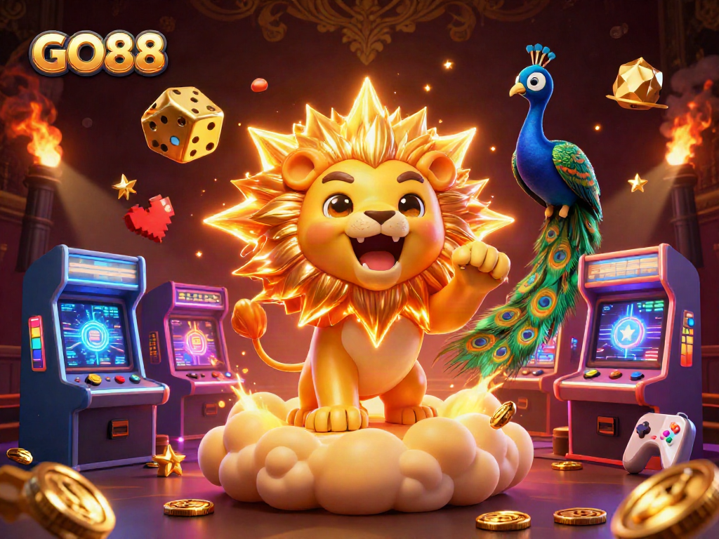 Go88 casino vibrant artwork showcasing gaming excitement with roaring lion and floating golden dice.