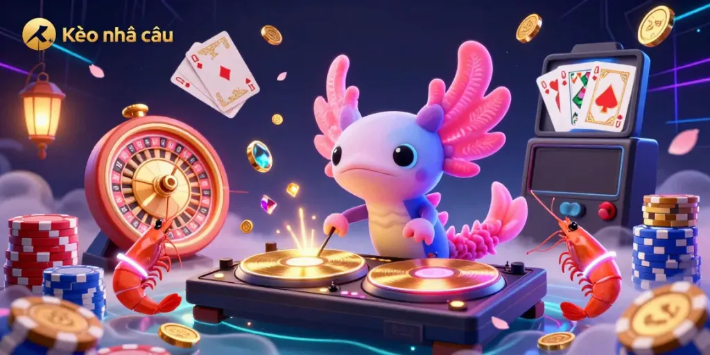 Celebrate Kèo nhà cái with a neon DJ axolotl and dancing shrimp in a vibrant casino scene.