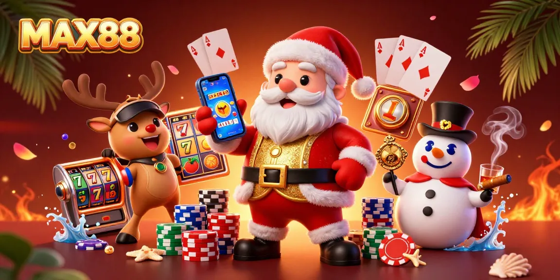 Engage with MAX88's vibrant online casino experience featuring Santa Claus and slot games.
