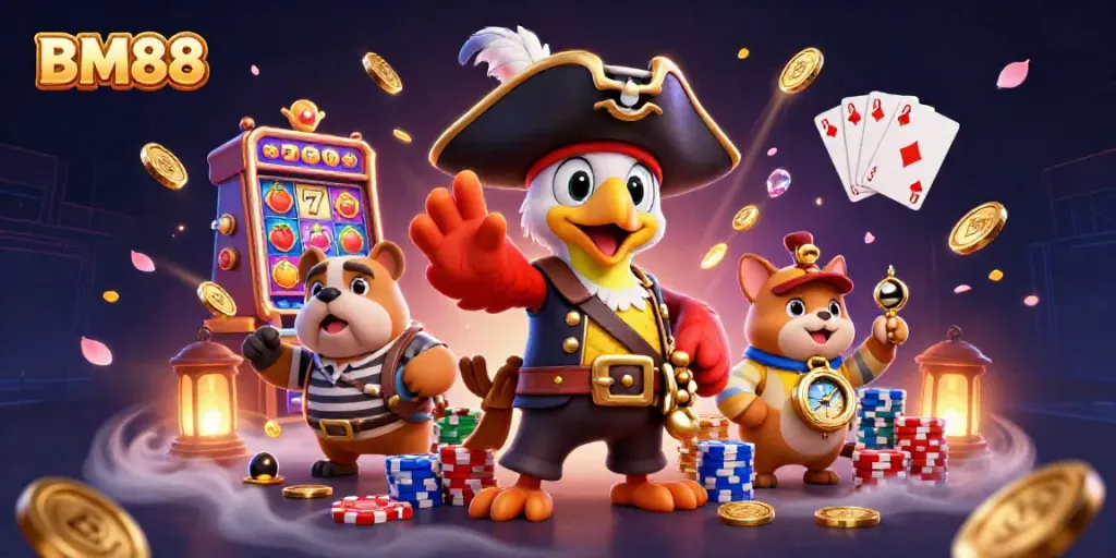 Engage with the excitement of BM88 slots featuring captivating pirate characters in this vibrant casino scene.