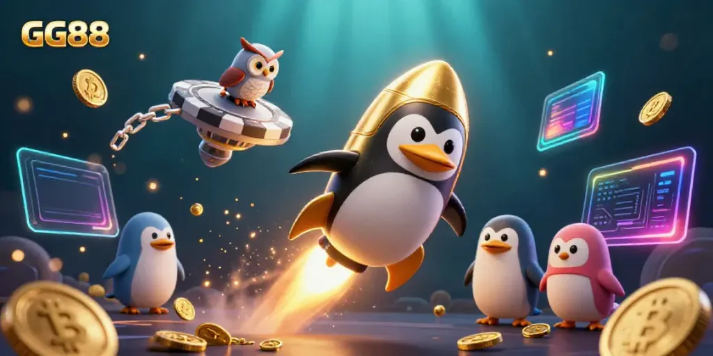 Experience thrilling wins at GG88 with a golden penguin and casino elements in vibrant space.
