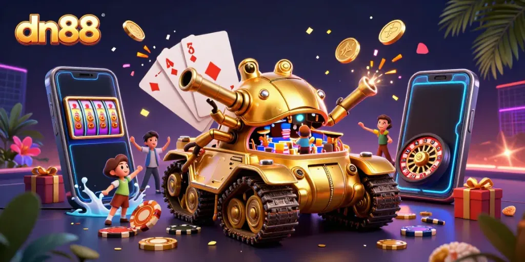 Experience thrilling gameplay with dn88's vibrant casino scene inside a golden beetle tank.