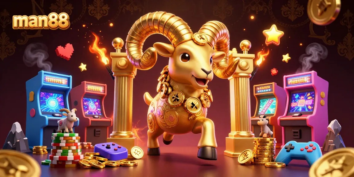 man88 features a massive golden ram charging through a vibrant gambling scene filled with arcade game elements.
