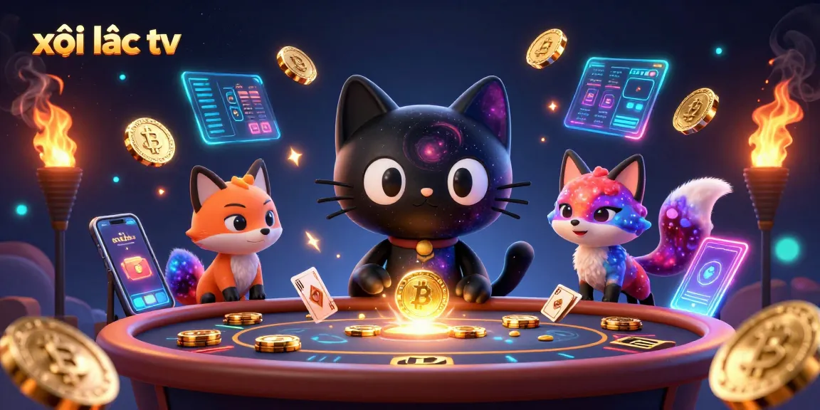 xôi lạc tv showcases a cosmic casino scene with a black hole cat and colorful nebula fox
