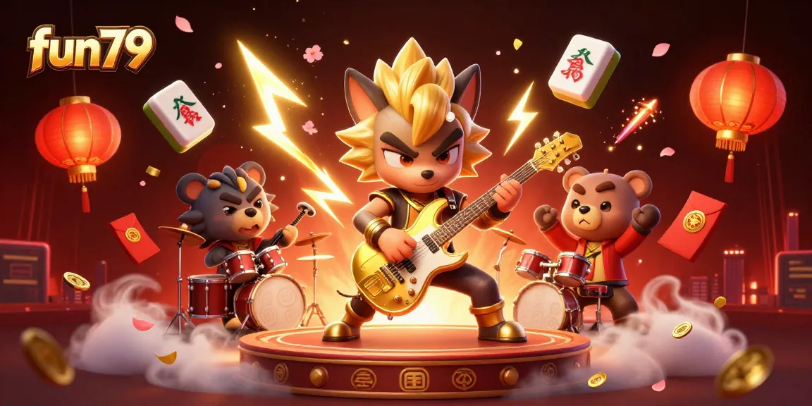 Experience fun79's thrilling casino action with a rock star wolf shredding guitar amidst vibrant gaming elements.