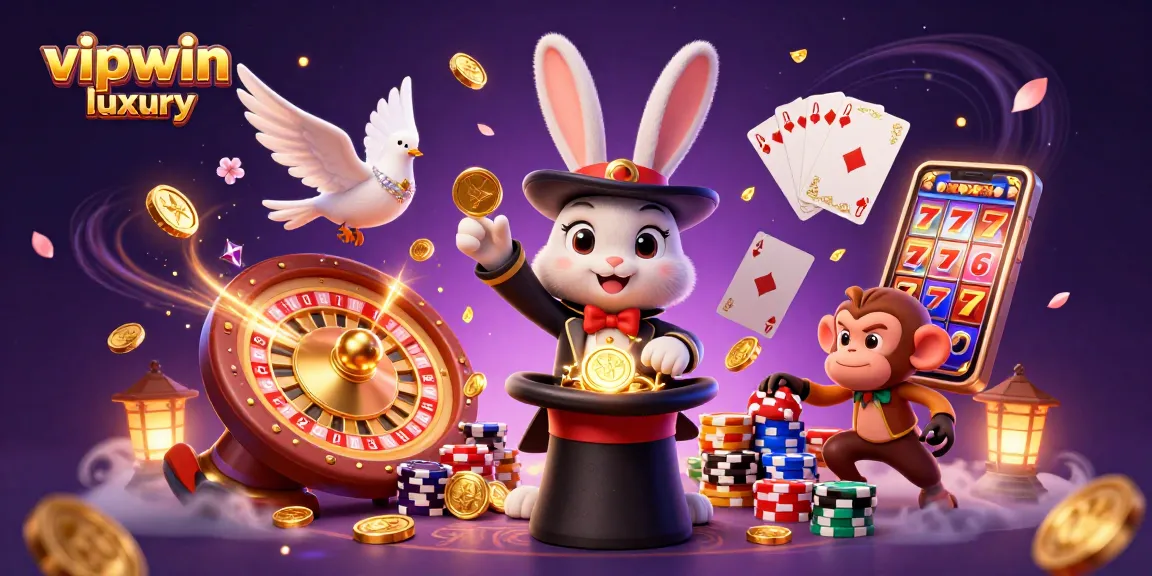 Experience the magic of winning at vipwin luxury with a dynamic casino illustration featuring a magician rabbit, assistant dove, and monkey.