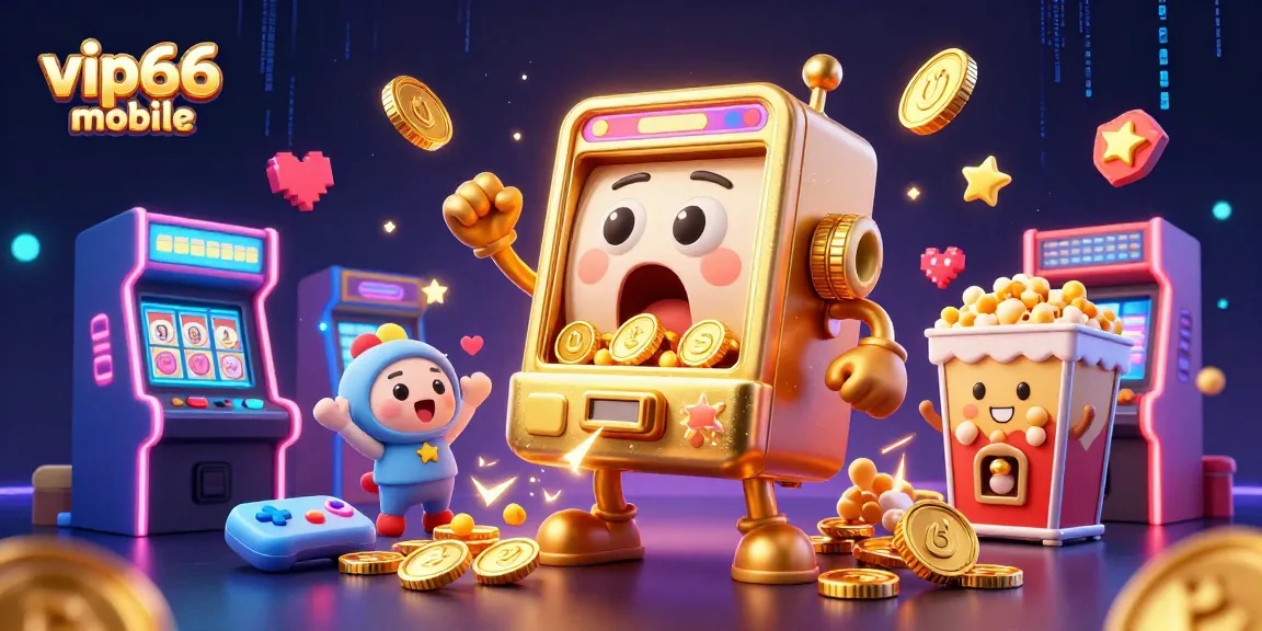 Experience the thrilling vip66 mobile jackpot with vibrant slot machines and popcorn fun in this dynamic illustration.