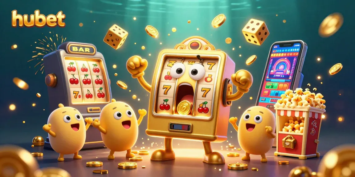 Hubet showcases a vibrant slot machine jackpot celebration with gold coins and festive elements.