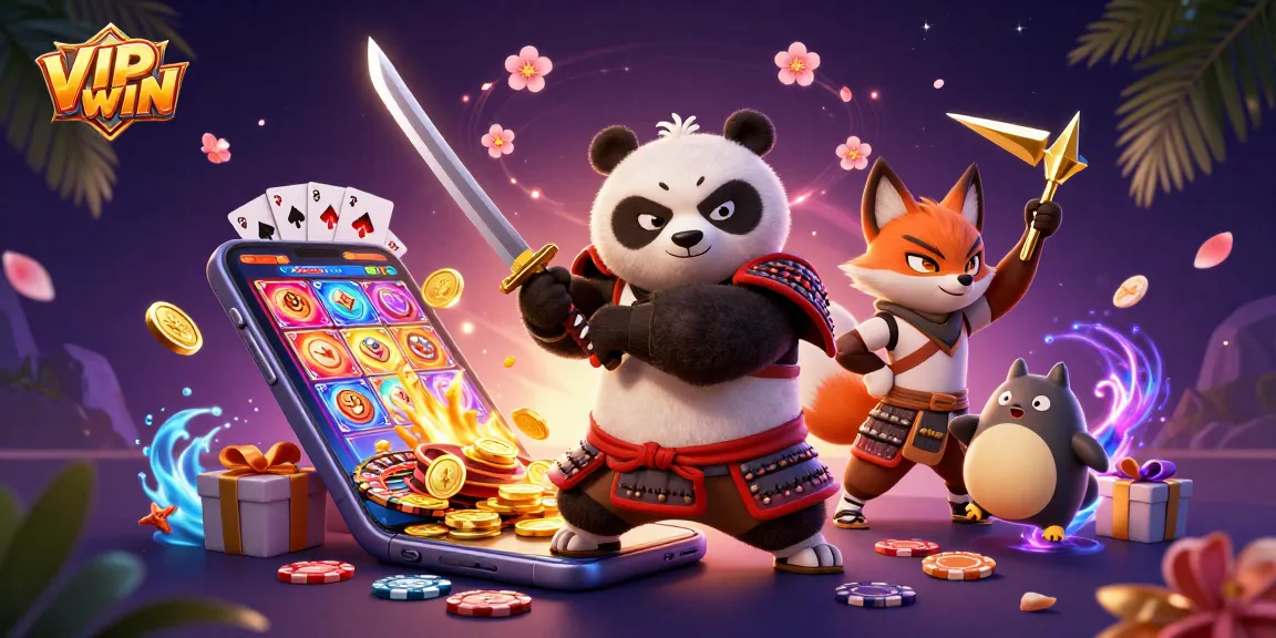 Engage in thrilling experiences at VIPWIN with samurai panda and ninja fox amidst dynamic casino games.