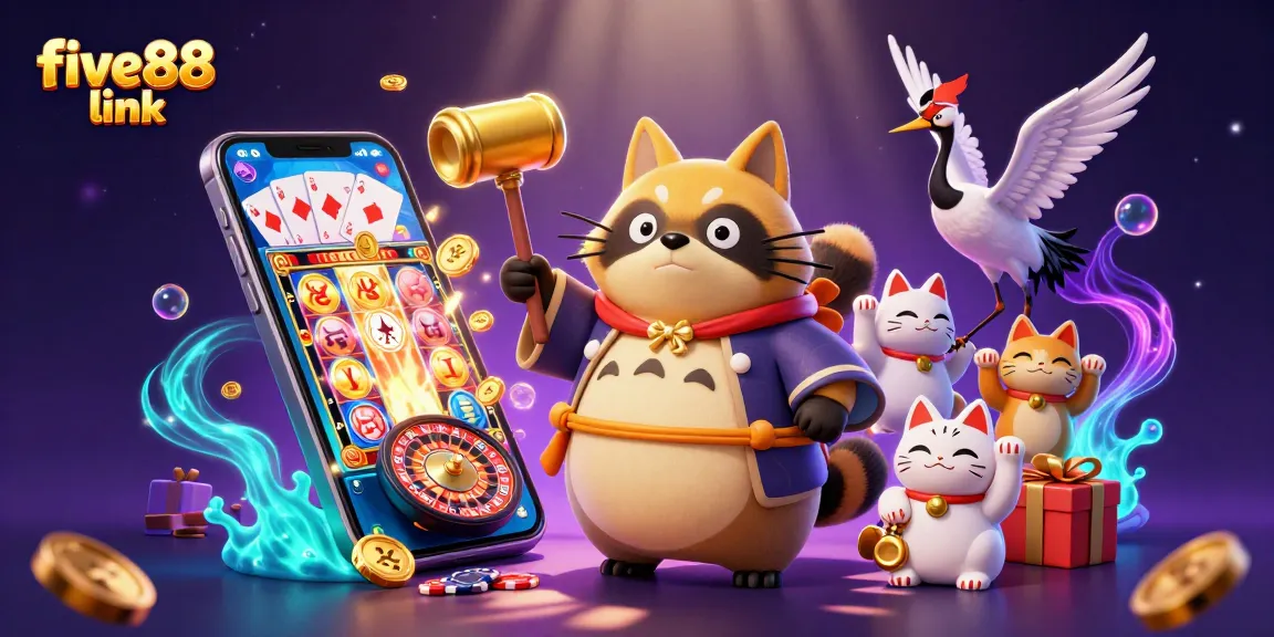 Experience thrilling gameplay with five88 link featuring a cheerful tanuki, crane, colorful cats, and dynamic slot action in a vibrant scene.