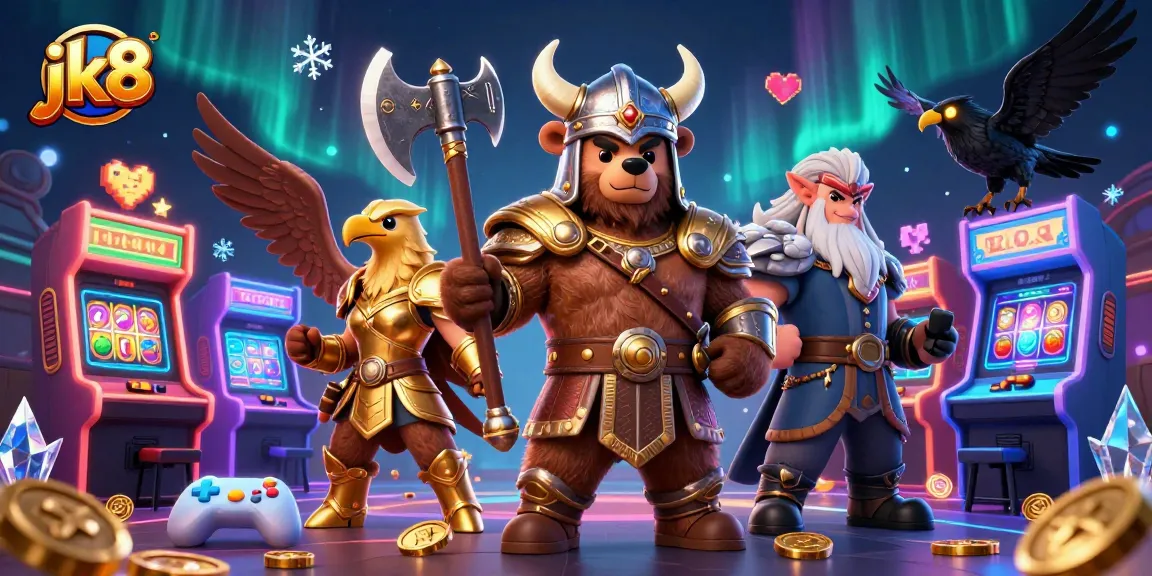 jk8 players engaging with vibrant casino games in a dynamic 3D illustration.
