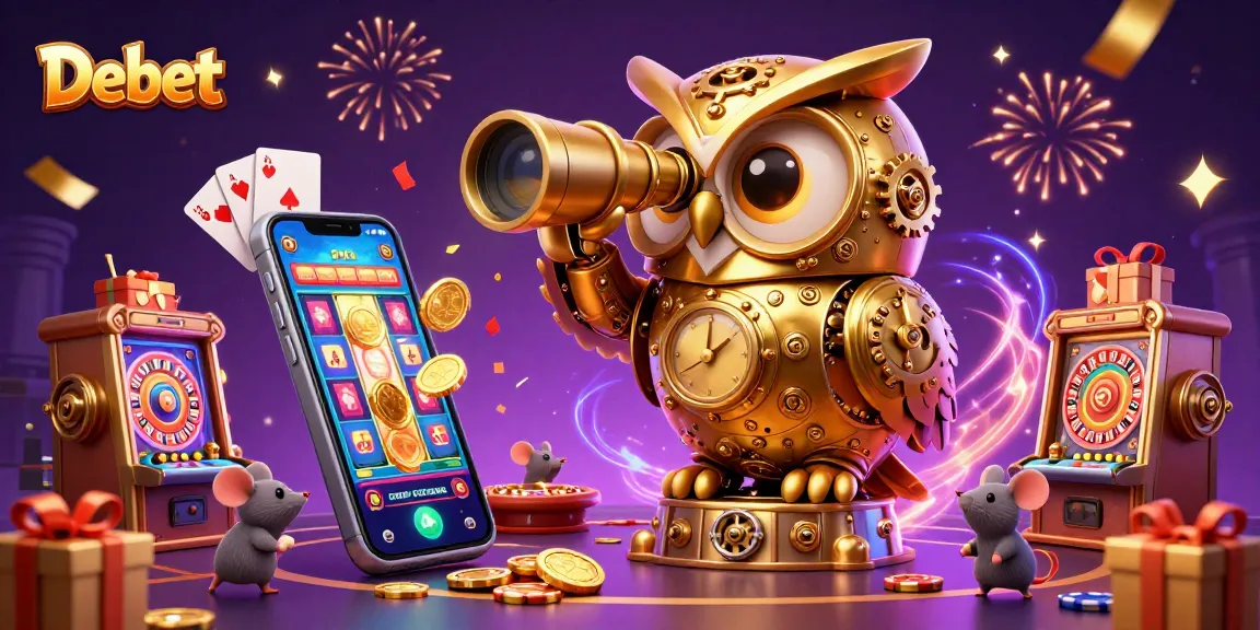 Experience thrilling gaming action at Debet, a vibrant casino illustration featuring an animated scene with a golden owl and lively games.