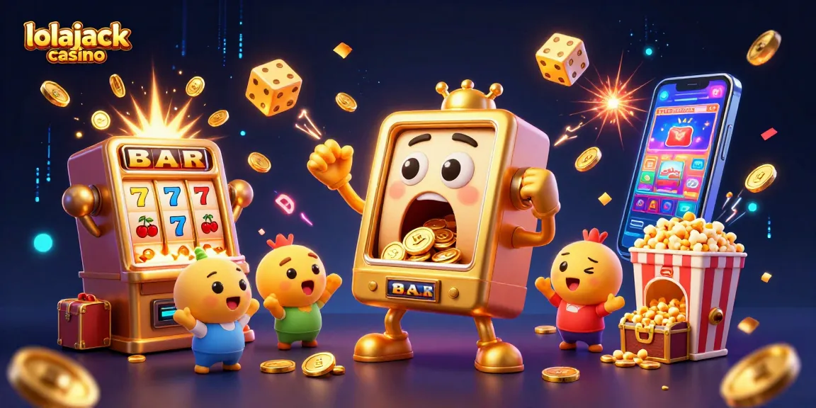 Lolajack casino showcases excitement with a vibrant scene featuring golden slot machines and jackpot effects in a playful atmosphere.