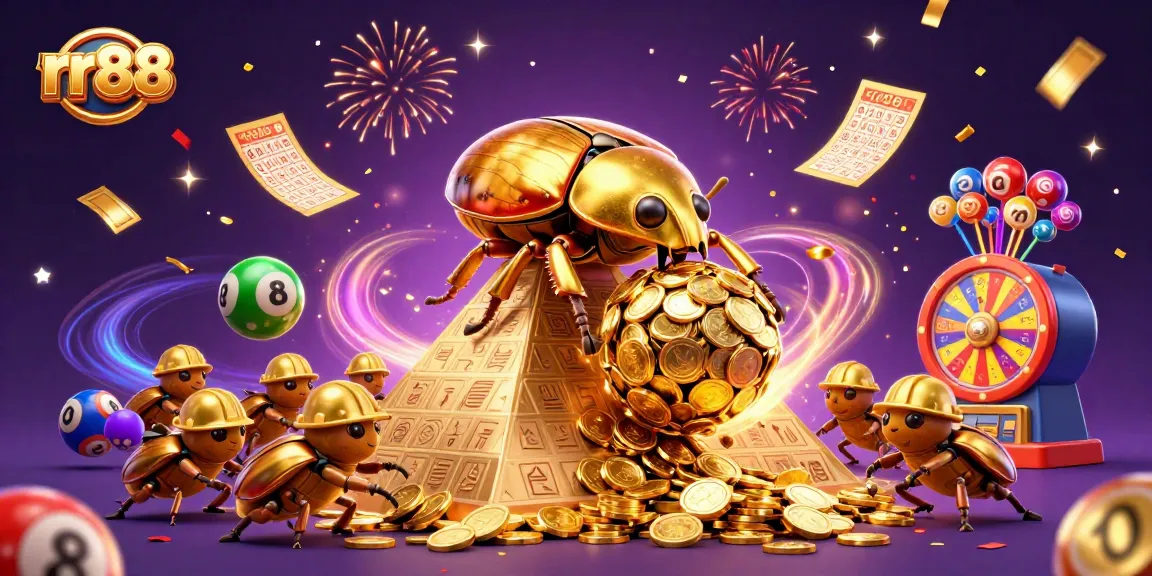 rr88 features a charismatic golden beetle, amid vibrant casino elements and magical energy, creating excitement.