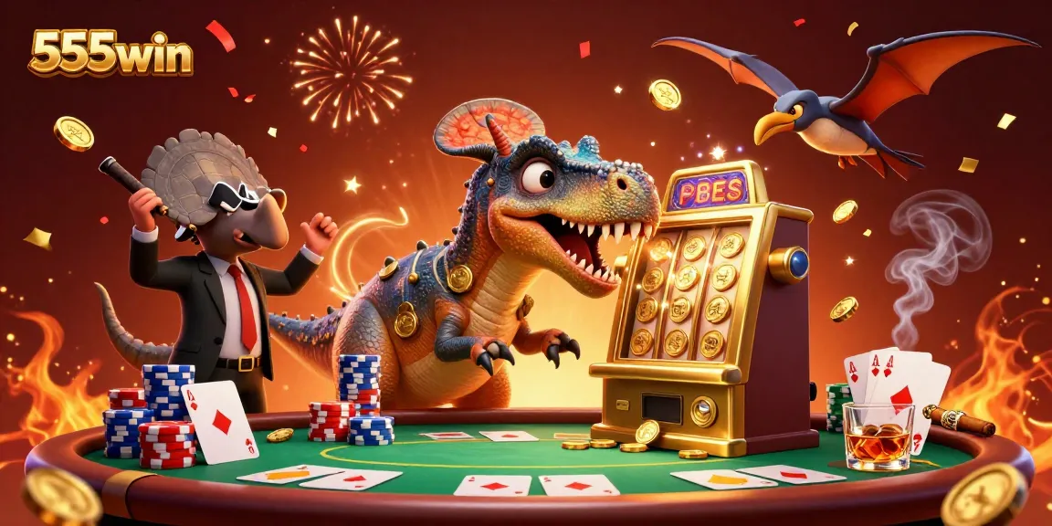 Experience the thrill of winning at 555win while a dinosaur interacts with a golden slot machine, capturing excitement.