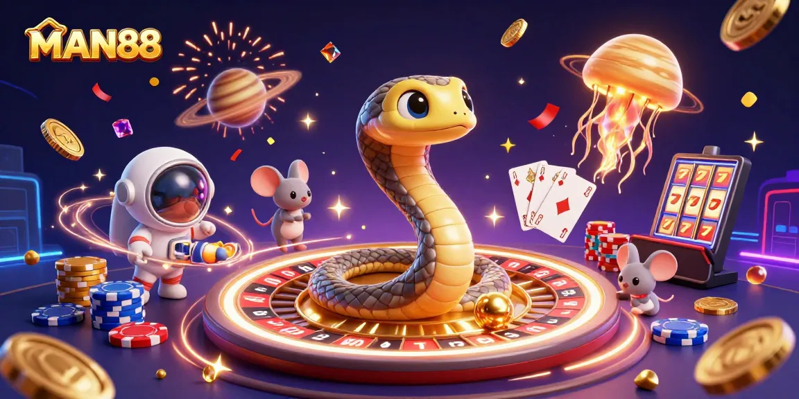 Bet on slots and jackpots at MAN88 with engaging visuals of a cosmic casino adventure.