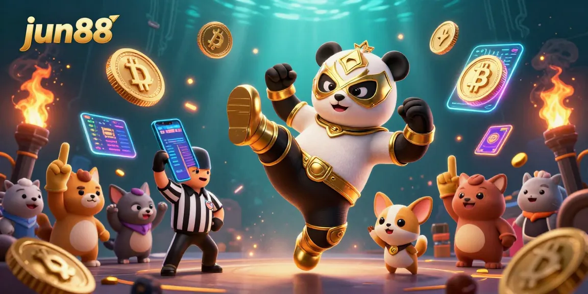 Experience the excitement of jun88 with a dynamic 3D scene of a flying panda wrestler kicking amidst crypto coins and enthusiastic crowds.