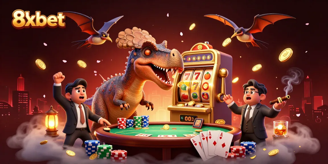 Experience the thrills of 8xbet as creatures spin golden slot machines and catch flying coins in a vibrant casino scene.
