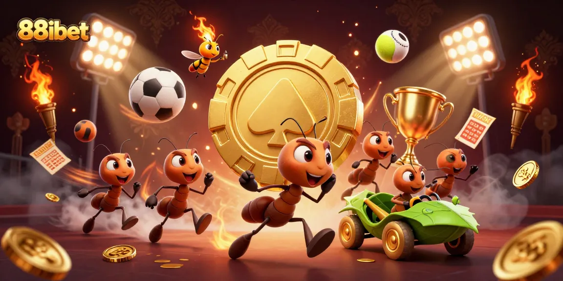 Experience the thrill of 88ibet with ants carrying a giant poker chip amidst dynamic gaming elements.