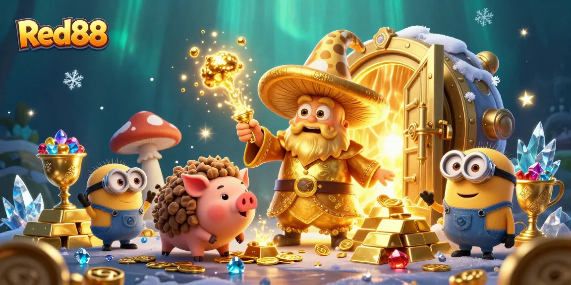 Experience the magic of Red88 with a wizard turning treasure to gold amidst glittering gems.