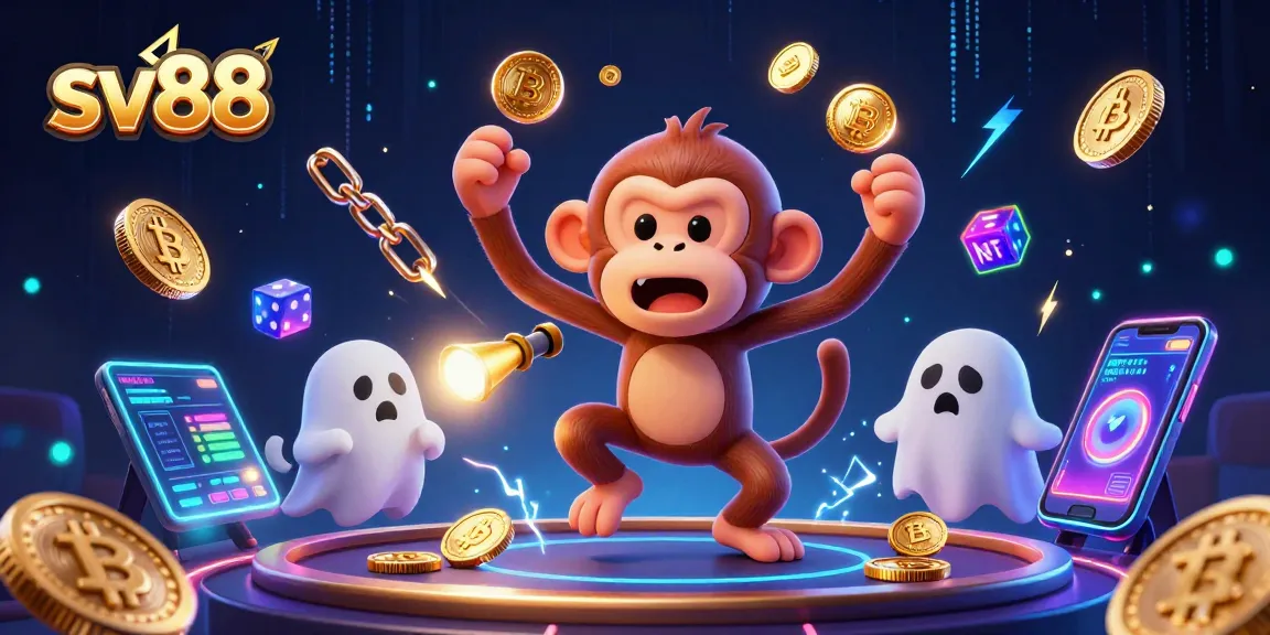 sv88 showcases a mischievous poltergeist monkey juggling golden coins amidst a vibrant casino atmosphere.