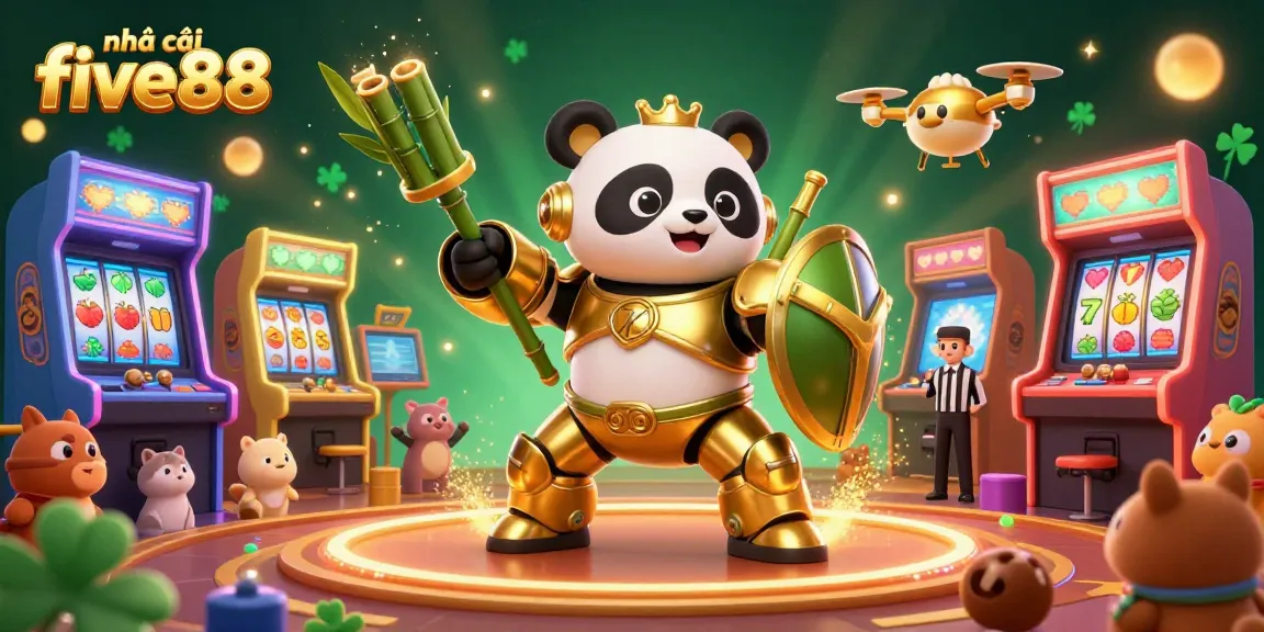 Immerse in the vibrant world of nhà cái five88, witnessing a golden panda in mech-suit battling amidst colorful casino elements.
