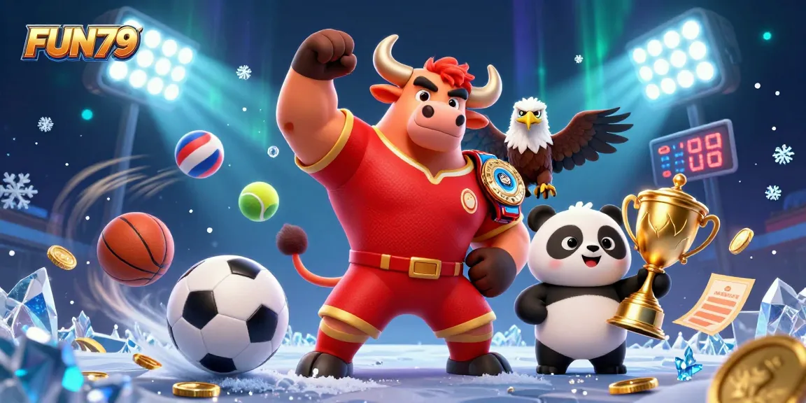 Experience thrilling wins with FUN79's vibrant 3D casino illustration showcasing dynamic sports elements.
